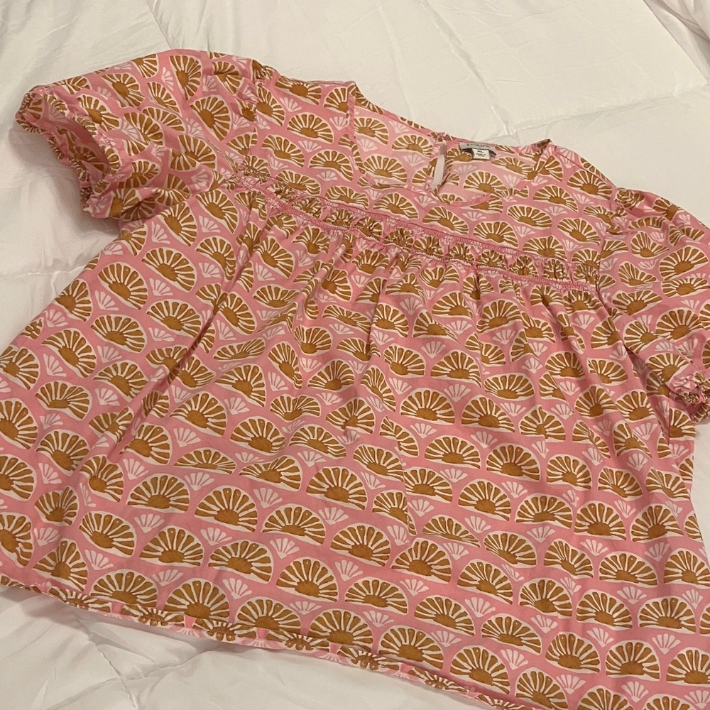 J. Crew Pink and Tan Printed Short-Sleeve Blouse